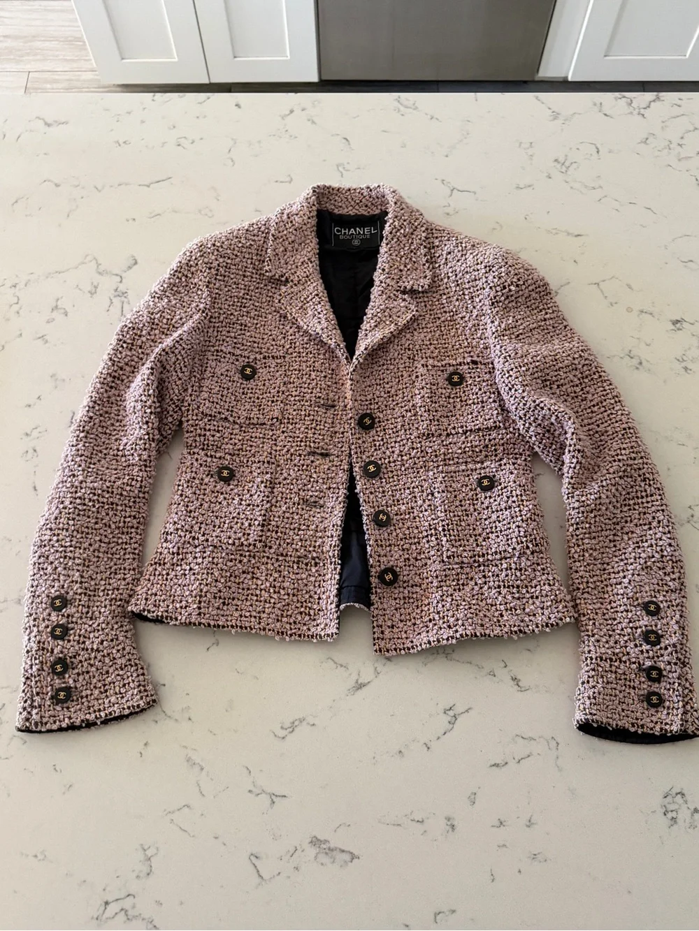 Chanel 94A Fantasy Tweed Lilac Blazer Jacket Logo Buttons Vintage ASO Claudia